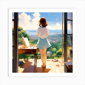 Anime Girl Looking Out The Window Art Print