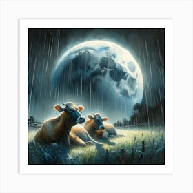 Cows Under The Moon Art Print