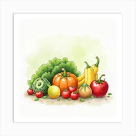 Charming Watercolor Scene Of Assorted Vegetables And Fruits With A Lovely Background 1 Art Print