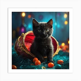 Cute Black Kitten In Basket Art Print