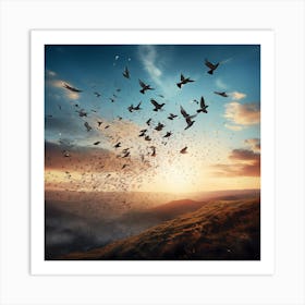 A Flock Of Birds Transforming Into Paper Planes Symbolizing The Journey From Freedom To Exploration , Pigeons In Flight Art Print