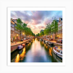 Amsterdam Canal Summer Aerial View Painting 3 Art Print