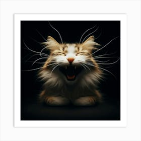 A ginger and white cat with a huge smile on its face is sitting in the dark with its eyes closed and its whiskers spread out in a dramatic fashion Art Print