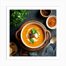 Autumn Pumpkin Curry Soup Simmering In A Traditional Clay Pot Steam Rising Surrounded By An Assort (1) Art Print