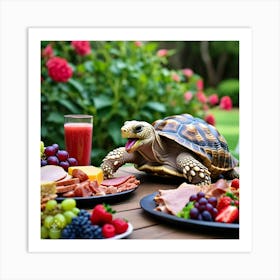 Tortoise Eating Greedily All The Delicious Food And Drinks (1) Art Print