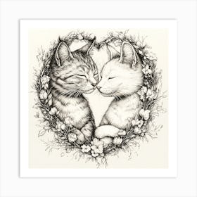 Delicate Ink Drawing of Cats Love Heart 2 Art Print