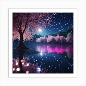 Moonlight and Reflections of Pink Cherry Blossom Art Print