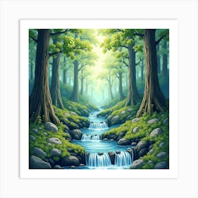 Watercolor Enchanted Forest With Hidden Waterfalls 1 Art Print