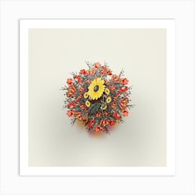 Vintage California Sunflower Floral Wreath on Ivory White n.1011 Art Print