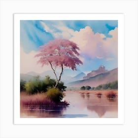 Pink Tree By The Lake Art Print