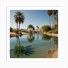 A Tranquil Desert Oasis With Palm Trees, Clear Water, And Blooming Flowers 2 Art Print