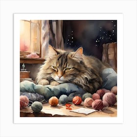 A cat taking a nap in the evening with wool balls scattered around and a warm winter atmosphere Art Print