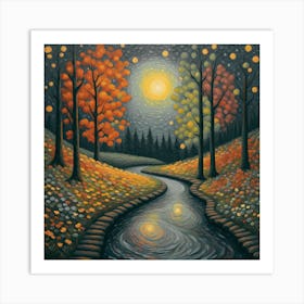 Stream In The Woods. Enchanted Autumn Evening scandi wall art Art Print