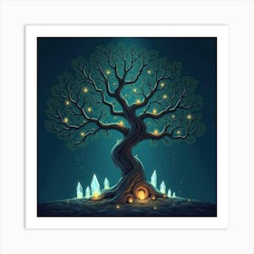 Ancient Tree With Glowing Runes And Floating Crystals Art Print