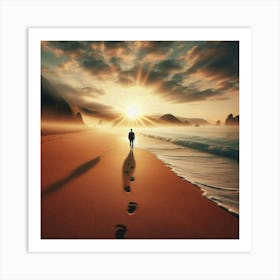 Man Walking On The Beach At Sunset Art Print