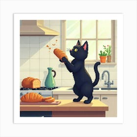 Black Cat In A Kitchen Art Print Funny Cat (1) Art Print