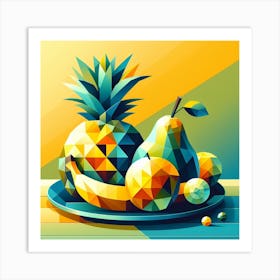 Geometric Fruits: An Abstract Painting of a Still Life Scene with a Pineapple, a Banana, and a Pear Art Print