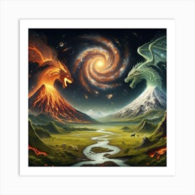 Wolf and Dragon Volcano Meadow Art Print