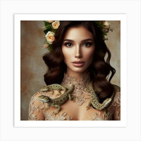 Beautiful Woman With Lizards 1 Art Print