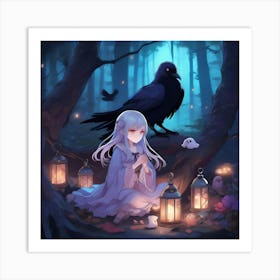 Anime Girl with Crow Art Print