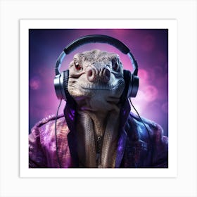 Lizard With Headphones Art Print