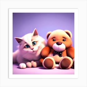 Teddy Bear And Cat Art Print