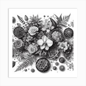 Botanical Garden: A Realistic and Detailed Drawing of a Variety of Flowers and Plants Art Print