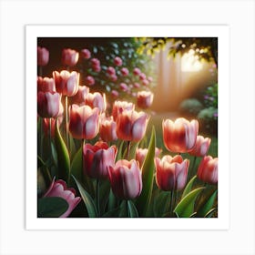 Pink Tulips In The Garden Art Print