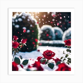 Topiary Garden with Red Roses in the Snow Art Print