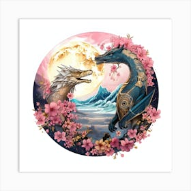 Dragon And Cherry Blossoms Yin Yang Art Print