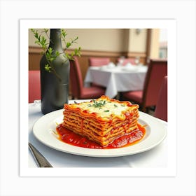 Watercolor Painting Of A Classic And Flavorful Lasagna On A Cozy Restaurant Table Art Print