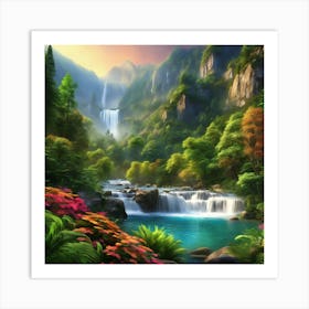 Beautiful Landscape, Summer with waterfall and flowers Art Print