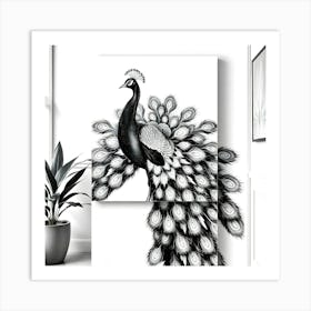 Classic Black And White Oil On Canvas Painting Of A Peacock Hallway Wall Poster Poster