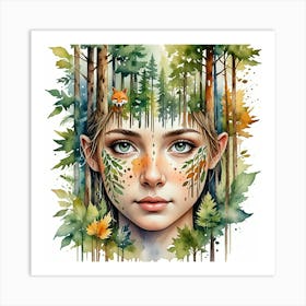 Watercolor Of A Girl In The Forest 2 Art Print