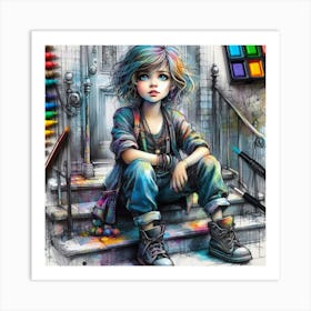 Girl Sitting On Steps Art Print