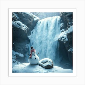 Snowman In Front Of Waterfall Art Print