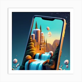 A smartphone whose screen displays a miniature view of a waterfall. 2 Art Print