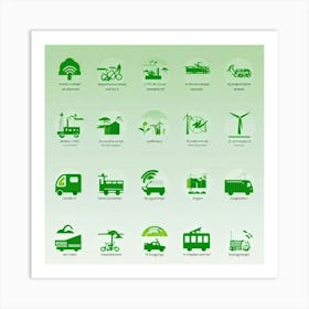 Collection Of Modern Transportation And Environmental Icons For Web Featuring Integrates A Flat Des Art Print