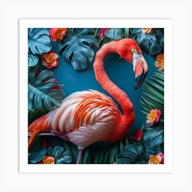 Flamingo On Blue Background Art Print