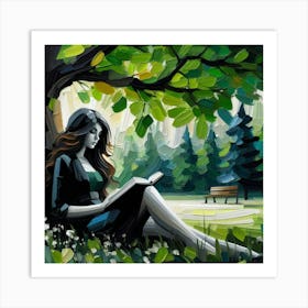 Girl Reading A Book, Acrylic Painting Style Art Print