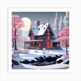 House In The Snow Watercolor Landscape 1 Art Print