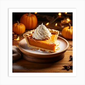 An Inviting Rustic Wooden Table Adorned With A Golden Baked Pumpkin Pie Freshly Cut Slice Reveali (1) Art Print