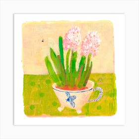 Pink Hiacinth In A Mug With A Bee Square Art Print