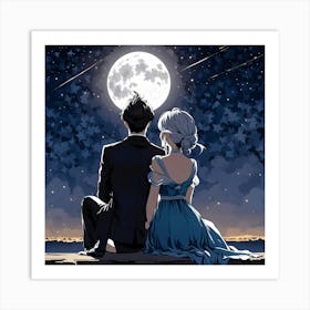 Moon And Stars, A Single Elegant Line Drawing Of A Men And Woman Art Of Sitting To Gather Alone Back Side Pose Art Print