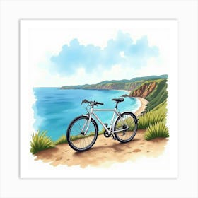 Elegant Bike On A Cliffside With Ocean Views Watercolor Painting 1 Art Print