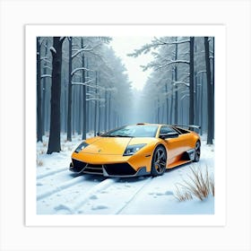 Lamborghini Murciélago By A Watercolor Serene Snowy Forest 1 Art Print