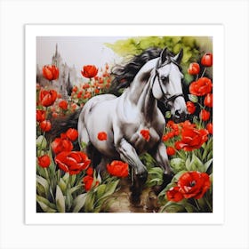 One Horse In Red Tulips Art Print