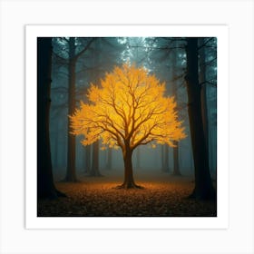 Magical Tree Glowing With Golden Leaves In A Forest 1 Art Print