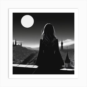 Girl Looking At The Moon Art Print