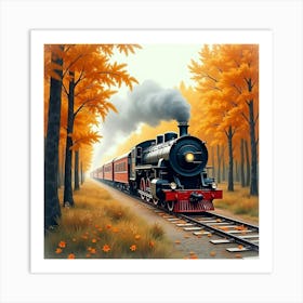 Classic Train Traveling Through A Beautiful Watercolor Autumn Forest 1 Art Print